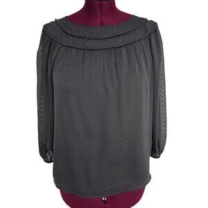 Women's LOFT Gray Swiss Dot 3/4 Sleeve Blouse Crochet Trim | Size Small